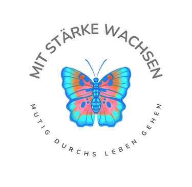 Logo of a butterfly with the German text Mit Stärke Wachsen Mutig Durchs Leben Gehen.