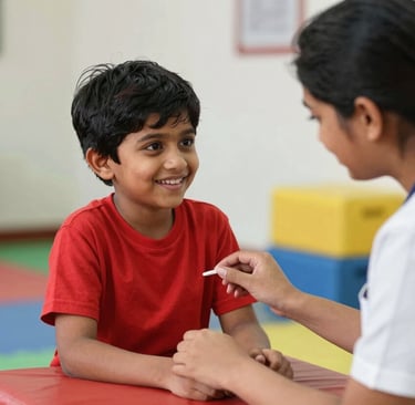 A heartwarming photography of a South Asian child smiling while engaging in occupational therapy, vibrant colors, professional care setting in Hyderabad.