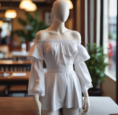 A soft pastel-hued blouse hanging on a minimalist wooden hanger against a light background