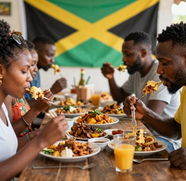 Family gathered around a table sharing a meal, laughter and warmth filling the room.