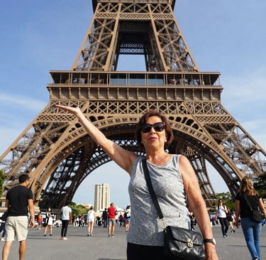 Smiling middle-aged woman enjoying a scenic Italian landscape during her trip.