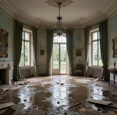 Close-up of a damaged building wall with visible cracks and water stains.