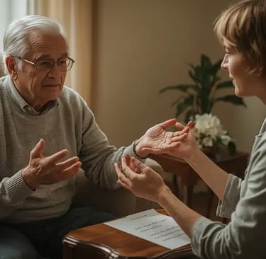 Ältere Person mit Demenz sitzt in einem Raum neben einer Betreuungsperson, spricht mit sanften Handbewegungen