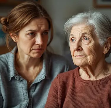 Erwachsene Tochter sitzt neben ihrer an Demenz erkrankten Mutter, die verunsichert wirkt –  Nähe und Missverständnis.