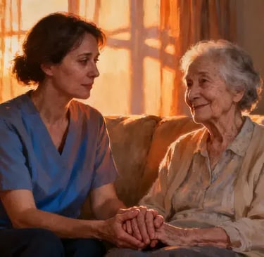 Family caregiver holding hands with a loved one with dementia in a warm home setting.