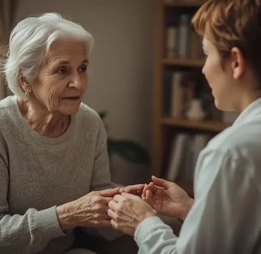 Ältere Person in ruhiger Gesprächssituation, einfühlsame Kommunikation bei Demenz