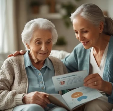 Ältere Person  und Angehöriger betrachten gemeinsam einen einfachen Leitfaden, um Demenz zu verstehen