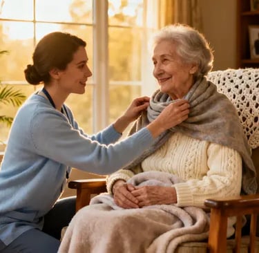 Caregiver gently assisting an adult with dementia, emphasizing dignity, respect, and autonomy in a calm home setting