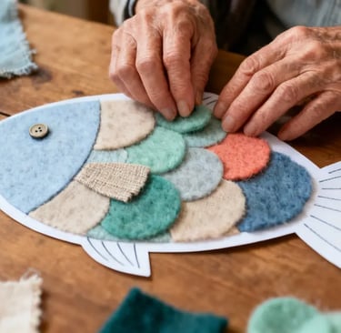 Hände gestalten eine Stoffcollage in Form eines Fisches