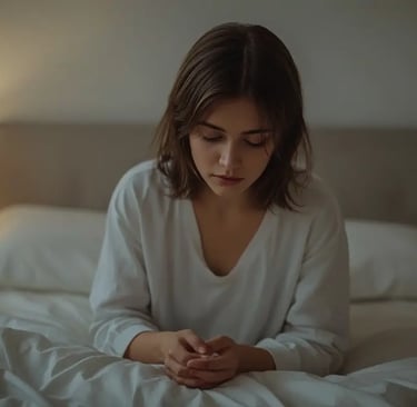 Erschöpfter Angehöriger sitzt nachts auf dem Bett, Müdigkeit und Stress bei Pflege von Demenz