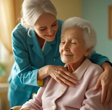 Angehörige begleitet eine ältere Person ruhig durch eine kleine Veränderung im Alltag