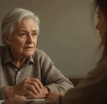 Respektvolle Gesprächssituation zwischen zwei erwachsenen Personen im Alltag mit Demenz