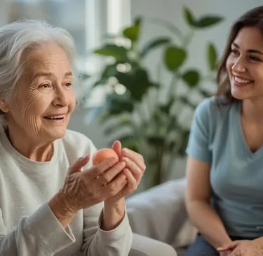 Ältere Person mit Demenz macht sanfte Handbewegungen, begleitet von einer Pflegeperson in einem hellen, gemütlichen Raum 🌿