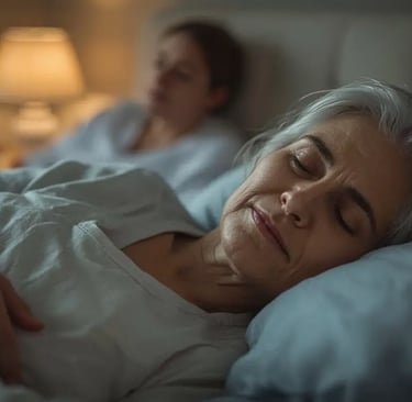 Mensch mit Demenz schläft ruhig im Schlafzimmer, beruhigende Abendstimmung, sanfte Pflegepräsenz im Hintergrund