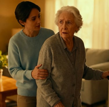 Pflegender Angehöriger begleitet Menschen mit Demenz, die versuchen wegzulaufen, beruhigend und sicher