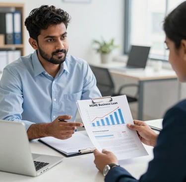 MSME business loan concept, Indian small business owner discussing finance with advisor, documents,