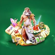 Zeus character surrounded by online casino game icons like slot machine reels, mahjong tiles, and a shark.