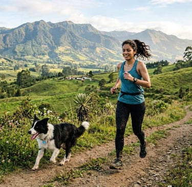 Border collie tradicional trotando con su humana