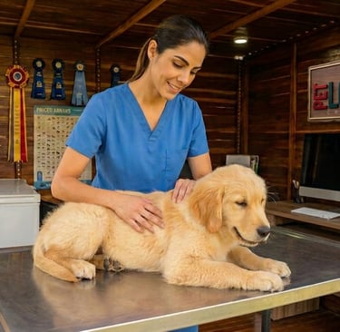 Veterinaria examinando Cachorro Golde Retriever en Pet Lovers Criadero