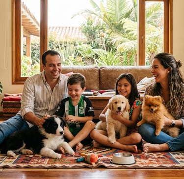 Familia colombiana compartiendo con sus cachorros de las razas Golden, Pomerania y Border Collie