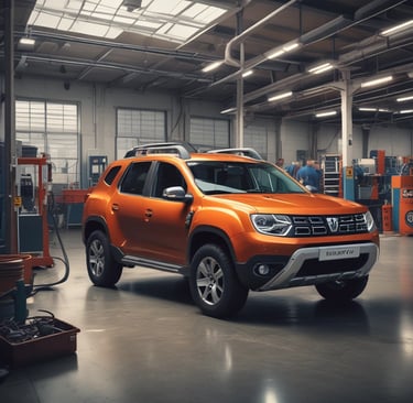 A close-up shot of various car parts neatly arranged on a workbench, showing gears, filters, and brake pads.