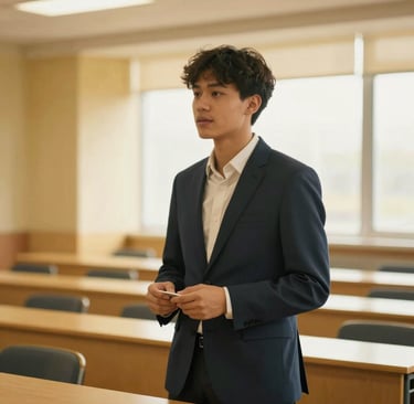 Candid medium shot of a young professional presenting in a sunlit seminar room, warm gold accents, soft focus background, editorial 35mm photography.