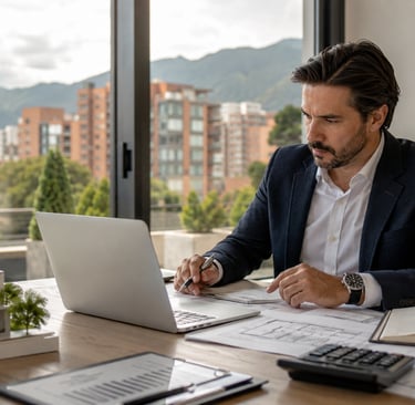 Profesional realizando un avalúo inmobiliario de una propiedad de alto valor en Colombia