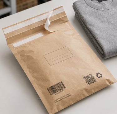Custom printed returnable kraft paper mailer with QR code, barcode and recycling mark for apparel e-
