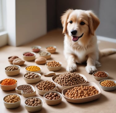 a dog sitting on a table with bowls of food and bowls of food