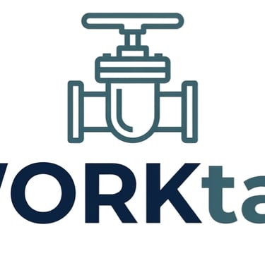 WorkTap logo featuring a teal valve icon above dark blue and teal text on a white background.
