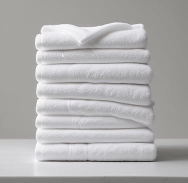A stack of freshly laundered white hotel linens neatly folded and ready for delivery.