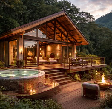 Quarto de pousada boutique com layout funcional e amplas aberturas de vidro