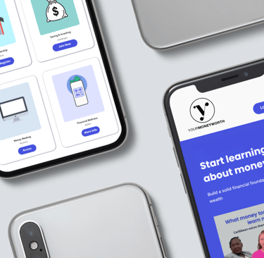 A mobile financial app interface showing money management tools and investment education modules on smartphones.