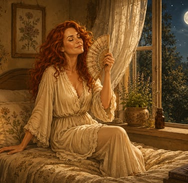 Red-haired woman in a nightgown sitting on a bed by a window under a full moon, using a hand fan.