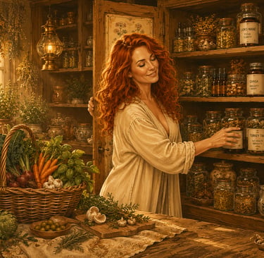 Illustrated red-haired woman in cream robe selecting mushroom supplement jars from an apothecary cup