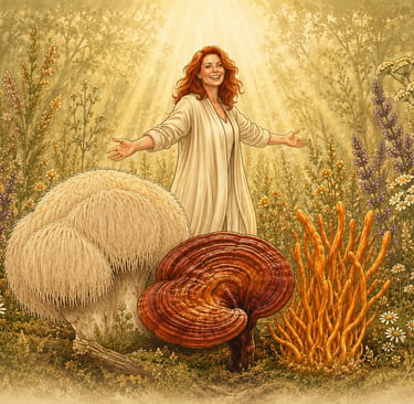 A woman stands in a meadow of medicinal mushrooms like lion's mane, reishi, and cordyceps with sunlight.