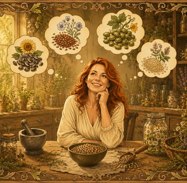 Smiling woman in a rustic apothecary thinking of seeds, herbs, and botanical remedies.