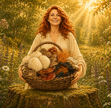 A smiling redhead woman holds a basket of medicinal mushrooms in a sunlit forest meadow.