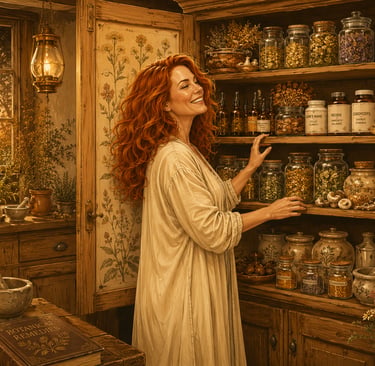 A smiling herbalist organizes glass jars of dried botanical remedies and medicinal mushrooms in a rustic wooden apothecary.