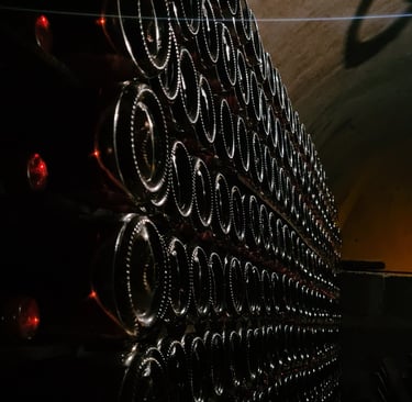 Atmospheric view of champagne bottles aging in a historic underground cellar, captured in dramatic low light.