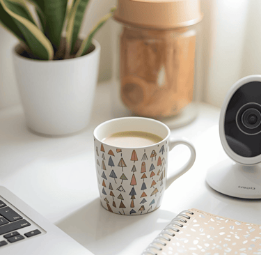 a laptop computer and a cup of coffee on a desk