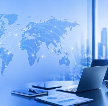 Modern office setup with global business analytics screen representing international market expansion