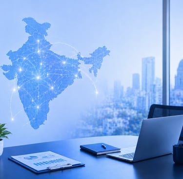 Workspace with India map showing business growth opportunities for Indian companies