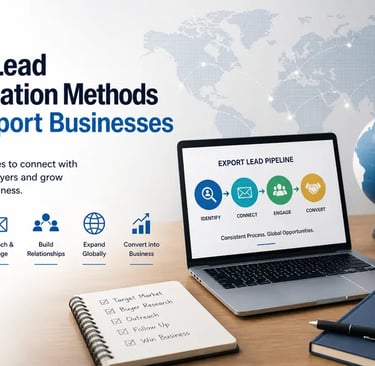 Lead generation strategy for export businesses showing global outreach and buyer connection process