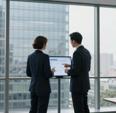 Two professionals discussing business strategy in office with city view background