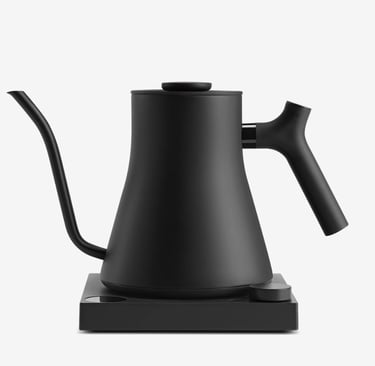 Matte black electric gooseneck kettle with precision pour spout on a matching minimalist base.