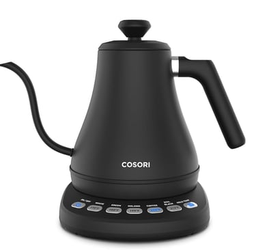 Matte black Cosori electric gooseneck kettle with temperature control base for coffee and tea brewing.