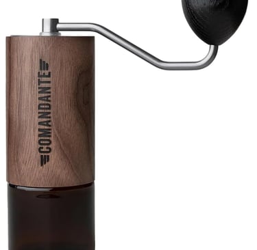 Comandante C40 MK4 Nitro Blade manual coffee grinder with wood finish and glass jar.