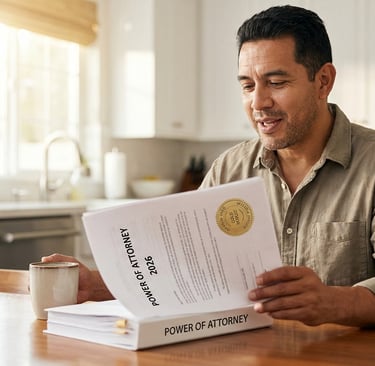 Hombre hispano de mediana edad en casa, sintiéndose seguro con su documento