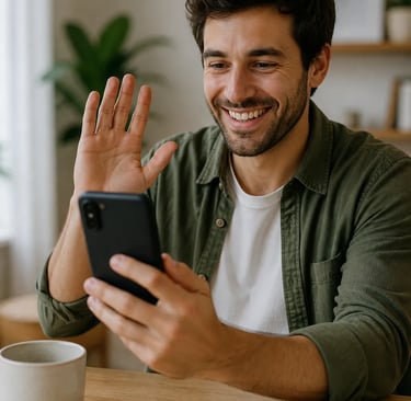 Homme souriant en visio sur son smartphone, tenant son téléphone à la main, dans un environnement lumineux et détendu.